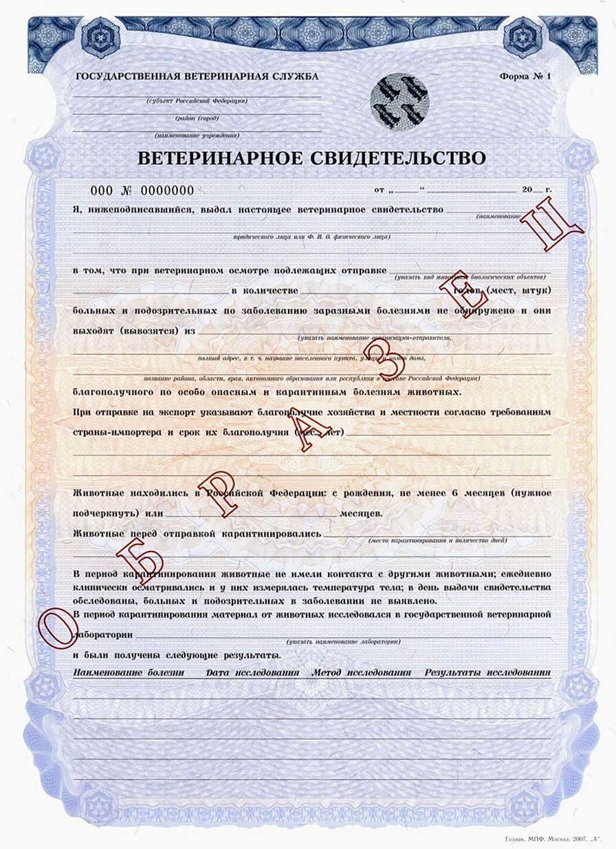 Ветеринарное свидетельство формы №1