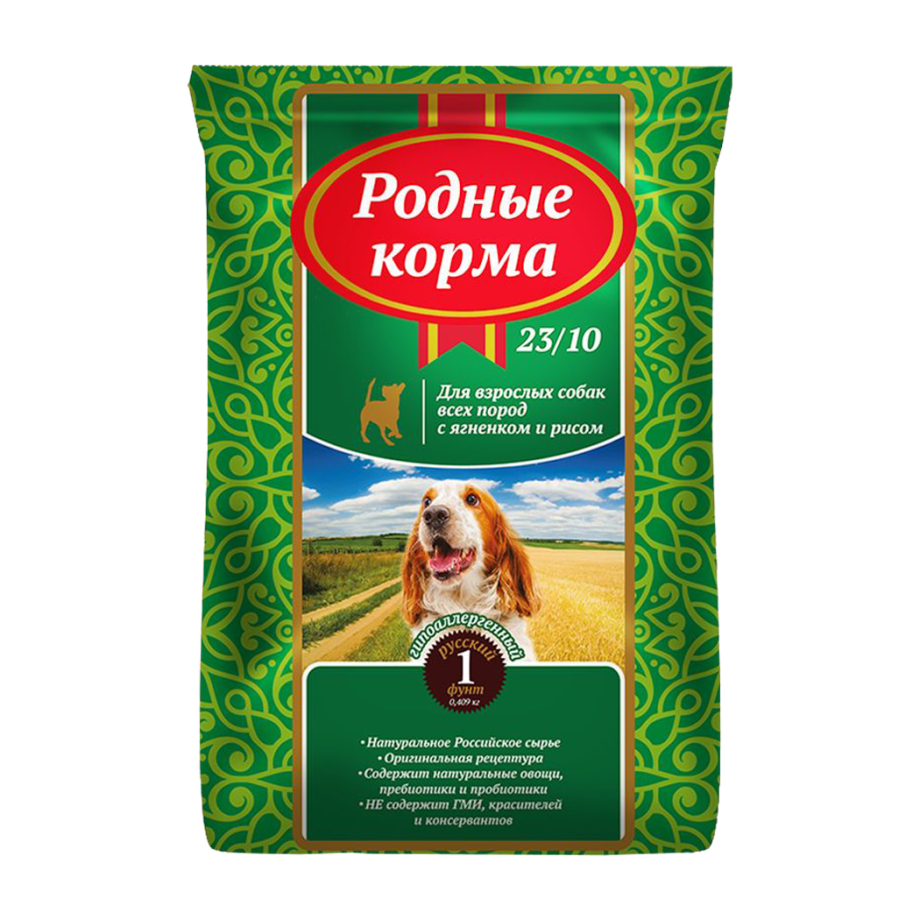 Родные корма сухой корм для взрослых собак ягненок с рисом 23/10