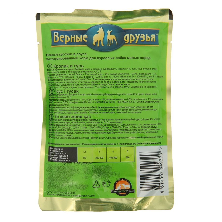 Верные друзья для собак мелких пород кролик/Гусь 100гр