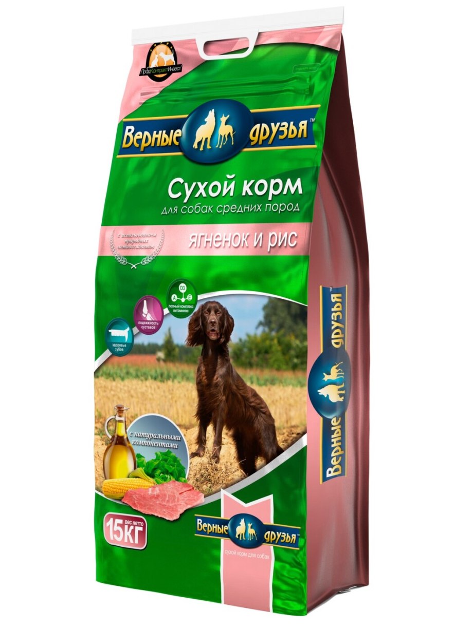 Верные друзья корм для собак средних пород сухой ягненок+рис, 15 кг