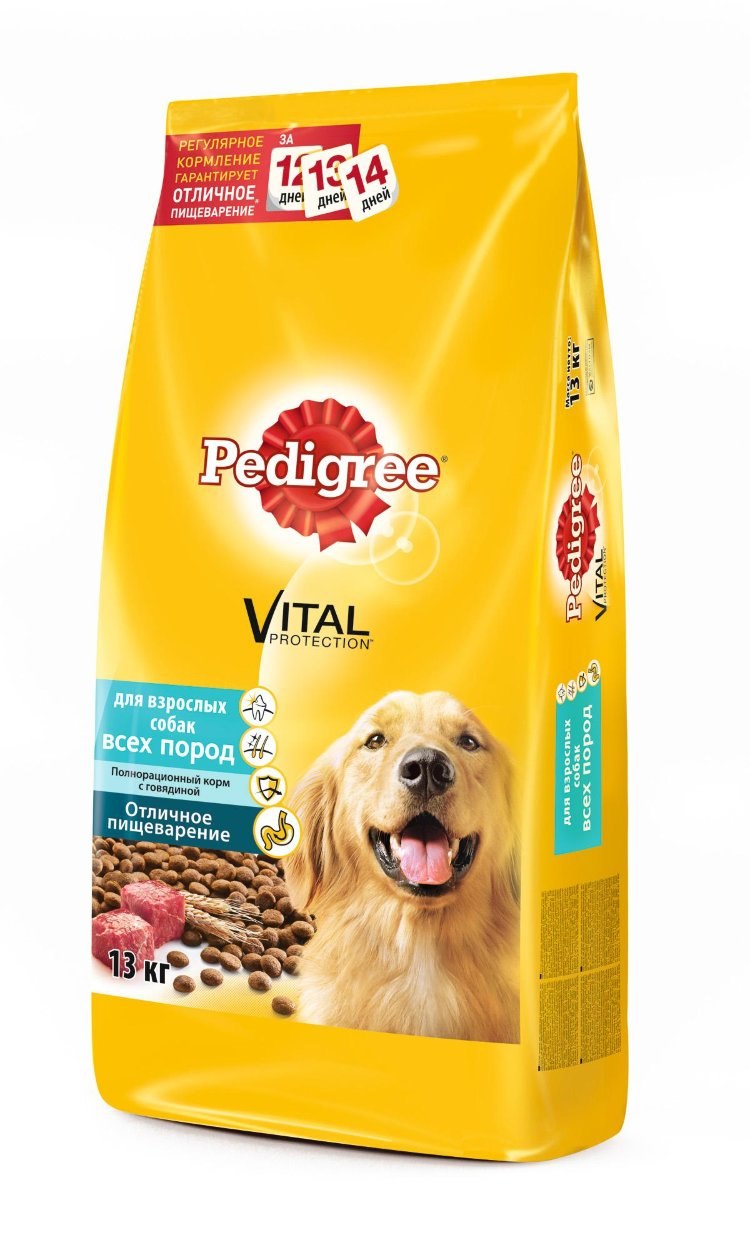 Корм pedigree для взрослых собак крупных пород с говядиной, 13кг