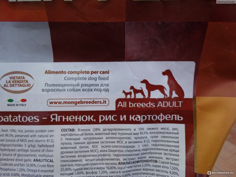 Состав Монж сухого корма для собак ягненок