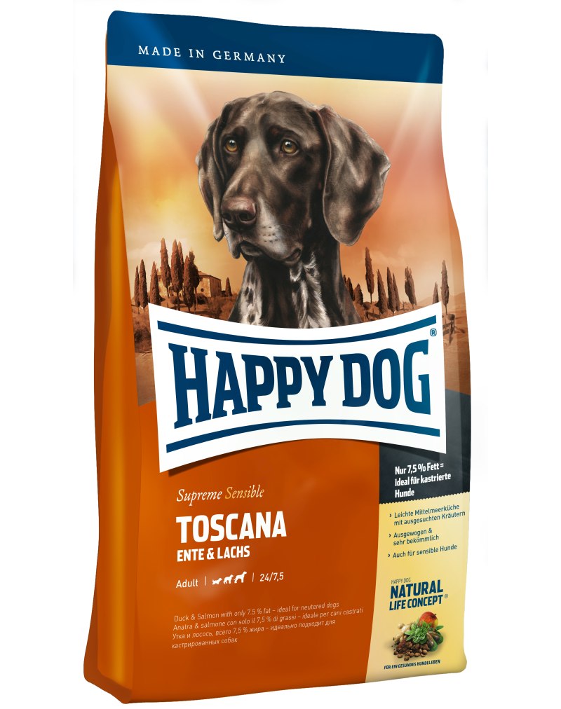 Корм для собак Happy Dog Supreme sensible Toscana для здоровья кожи и шерсти, лосось, утка 12.5 кг