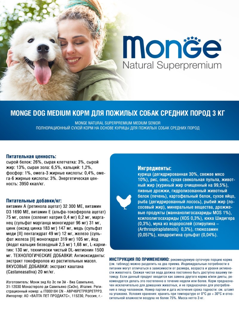 Monge корм для пожилых собак средних пород