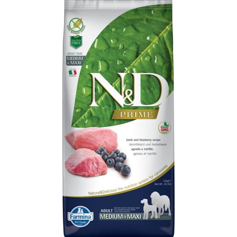 Фармина n&d Dog Прайм дог ягненок с черникой Adult Medium & Maxi 12кг