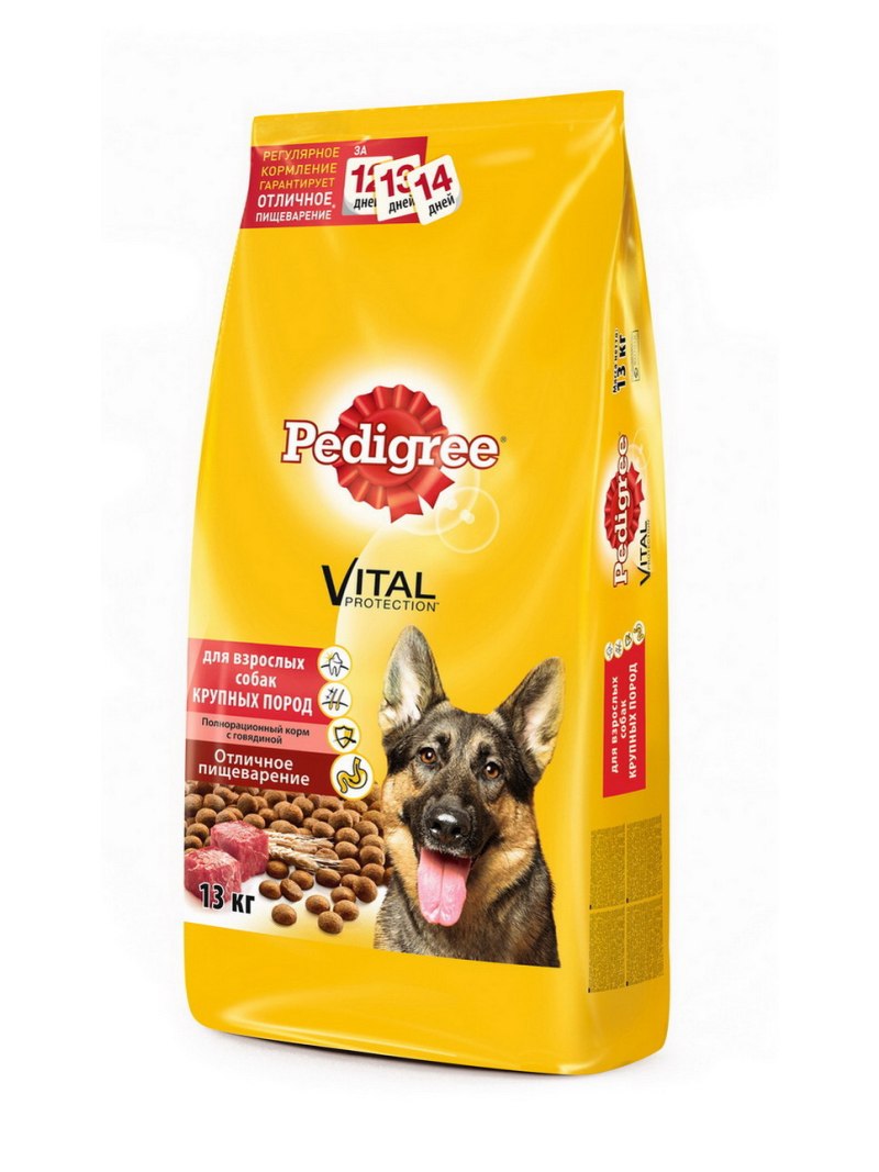 Корм pedigree для взрослых собак крупных пород с говядиной, 13кг