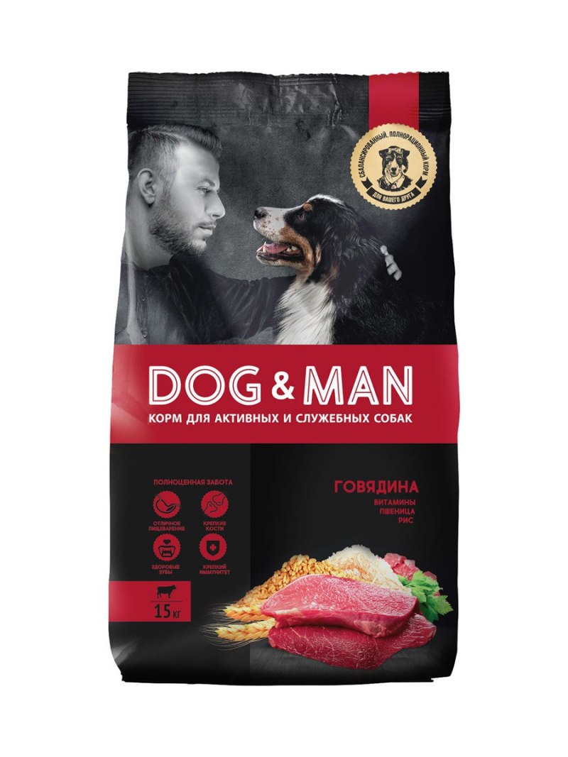 Корм для собак Dog & man для активных животных, говядина 15 кг