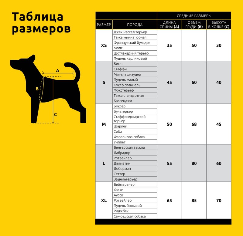 Размерная сетка для собак средних пород
